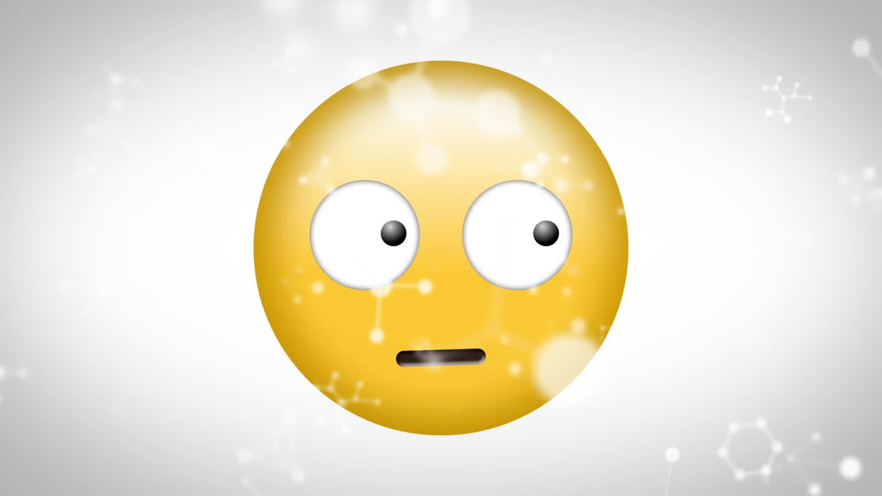 animación digital de estructuras moleculares flotando sobre un emoji de cara confusa en un fondo gris