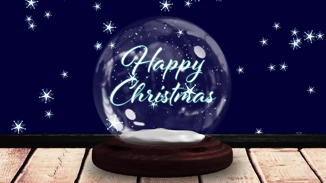 크리스마스 텍스트와 네이비 배경에 내리는 눈이 있는 스노우 글로브의 애니메이션