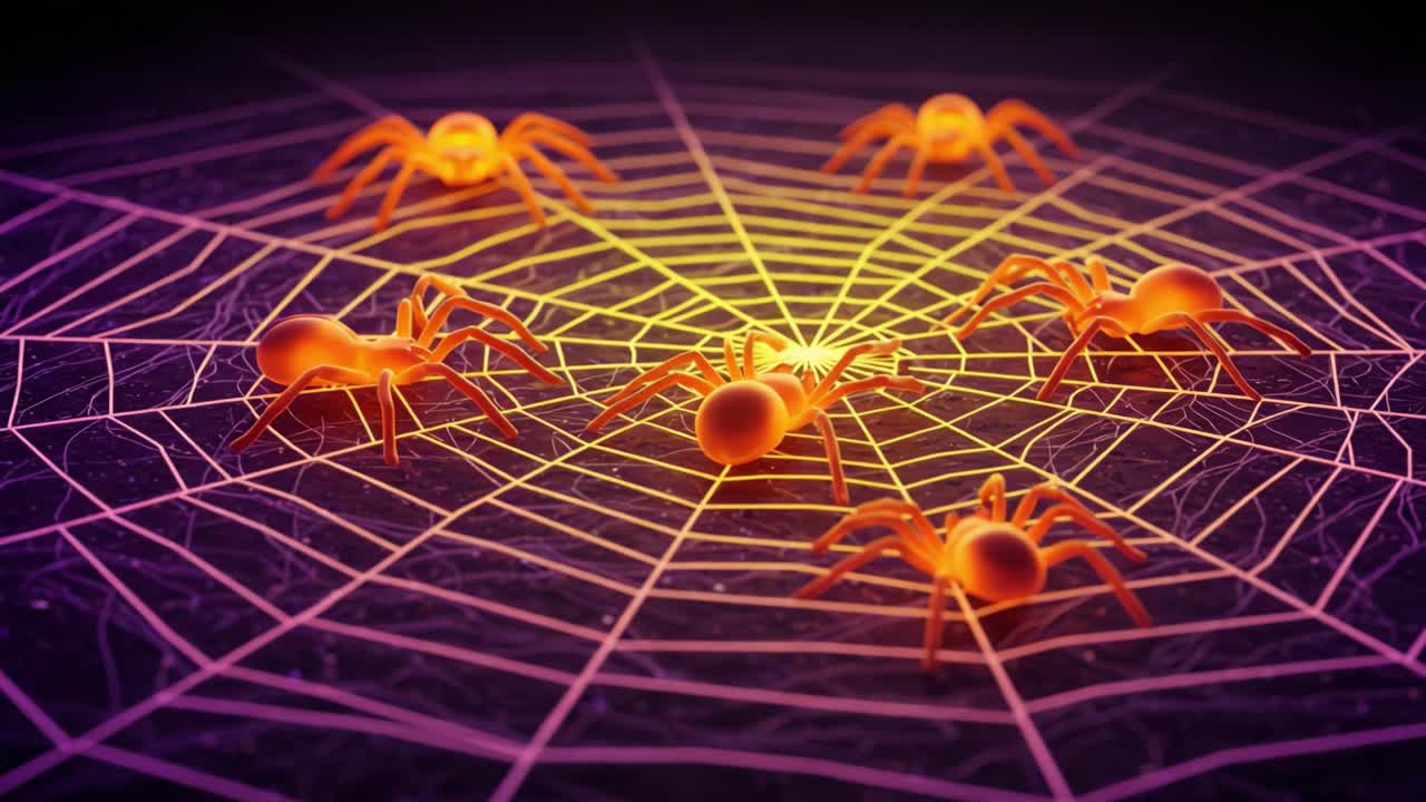Intricate Web of Spiders: A Close-up Exploration of Vibrant Arachnids on Their Elaborate Spider Silk Structure in a Mesmerizing Color Palette