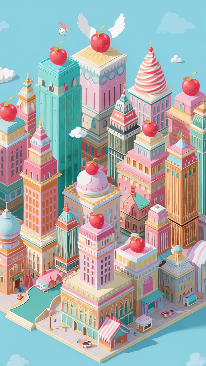 Vídeo vertical: movimento panorâmico da câmera revelando um bloco de cidade em tons pastel sob um céu azul, exibindo uma cereja alada