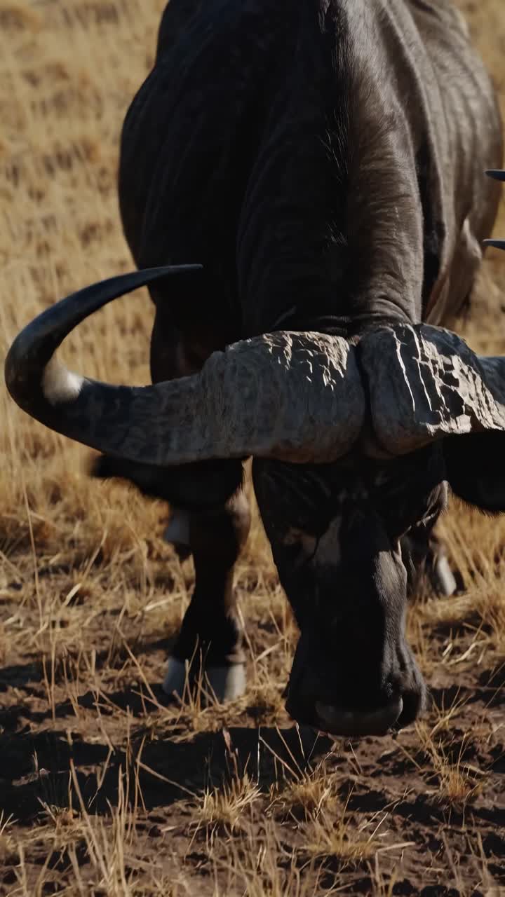 A captivating video still of buffaloes in a vast savannah landscape, captured from a low angle