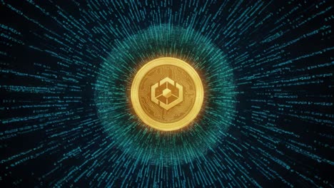 a stunning visual representation of cryptocurrency with a glimmering coin surrounded by a dynamic burst of binary code and digital elements, highlighting the future of finance