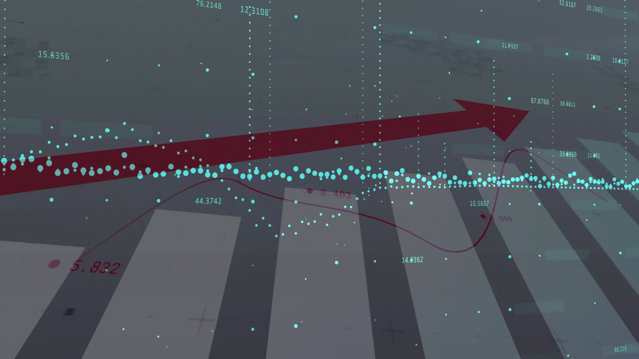 Rising arrow and data points animation over financial chart background