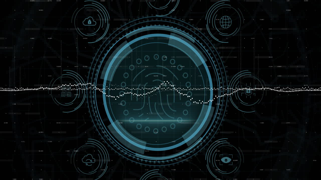 Animation of fingerprint and scope scanning over security icons