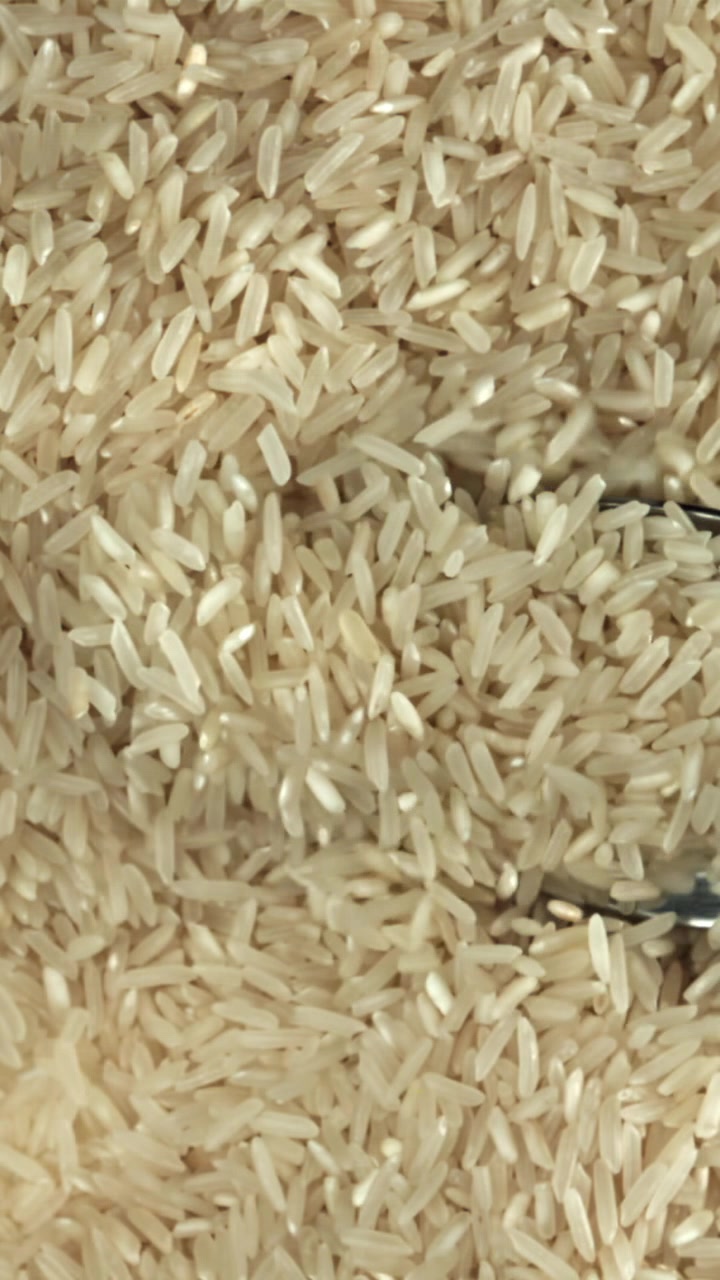 Cucchiaio che raccoglie chicchi di riso bianco crudo, primo piano