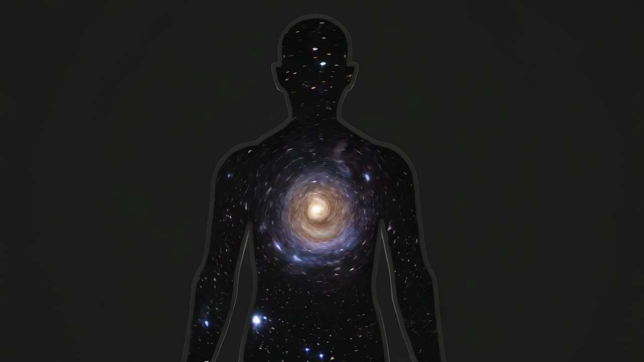 Silhouette visualizzata su sfondo scuro con nebulosa a spirale nel petto e campo stellare rotante.