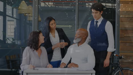 animation of network of connections against diverse businesspeople discussing at office