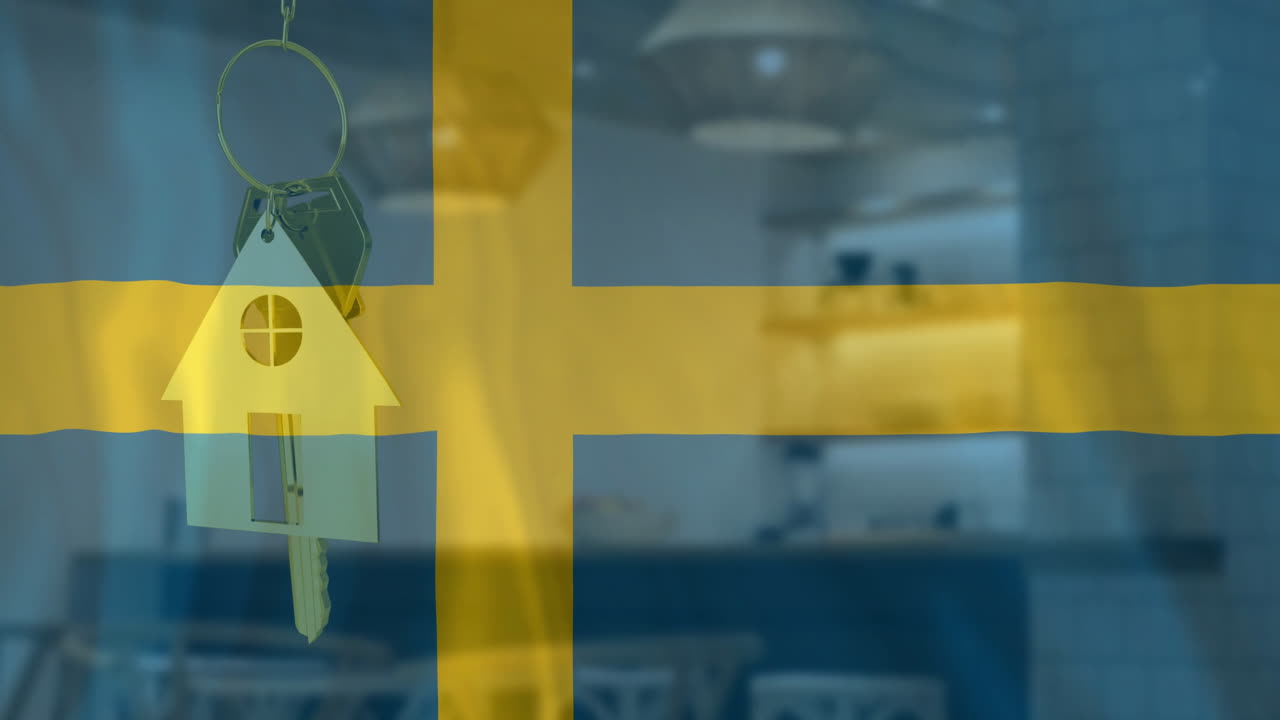 Animation of silver house key over waving flag of sweden and office building