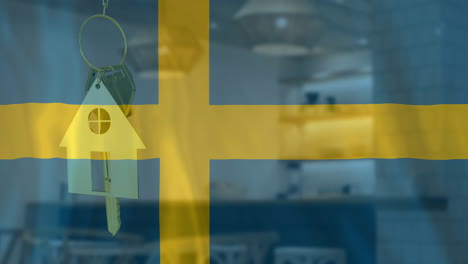 animation of silver house key over waving flag of sweden and office building