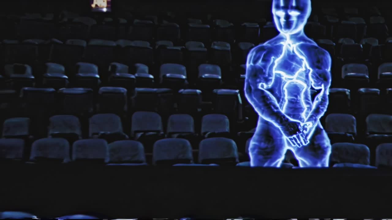 Ethereal energy coalesces into a luminous human figure amidst the rows of unoccupied seats in a darkened theater, radiating an otherworldly presence