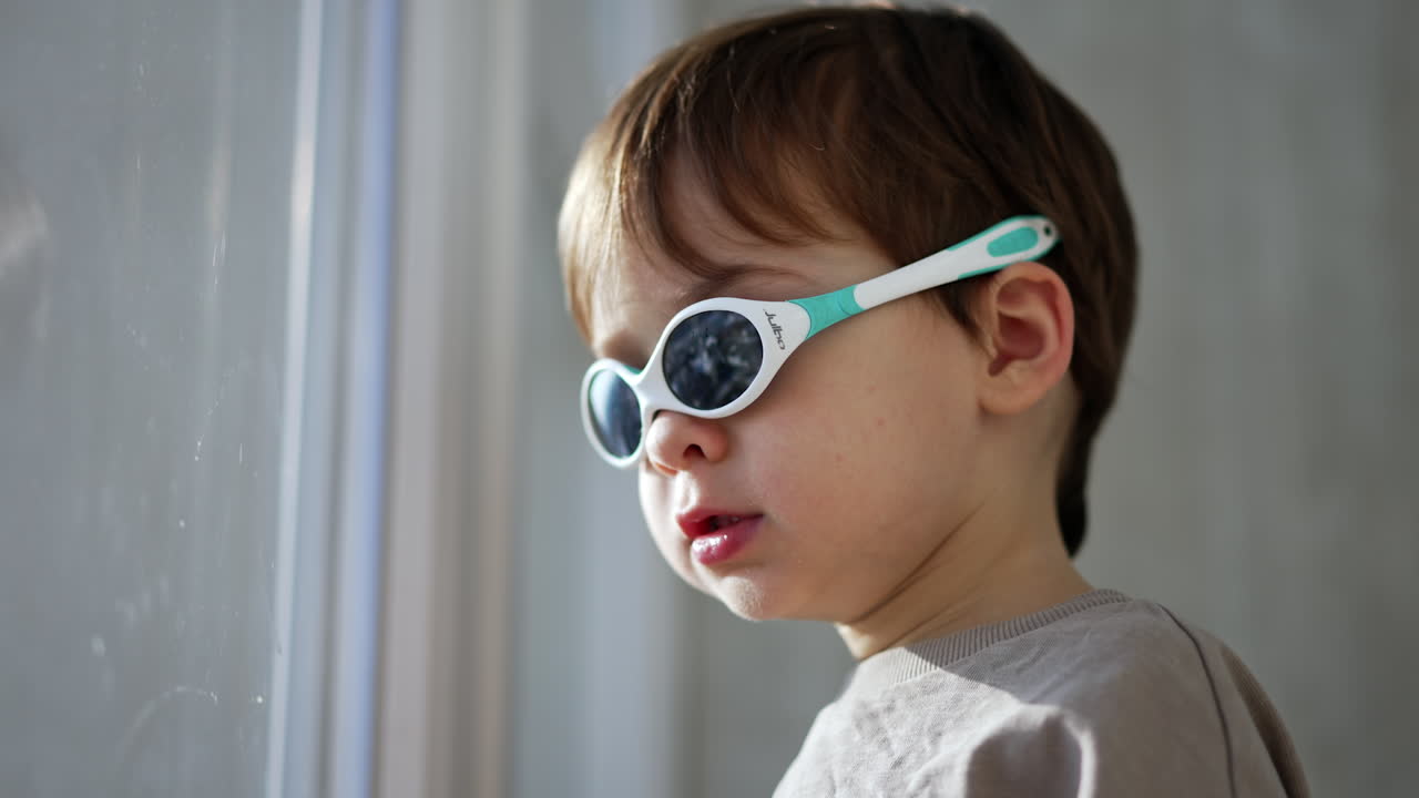 Two-year old Caucasian toddler wearing sunglasses stands near the window. Low angle view on the boy in the rays of sun from outdoors.