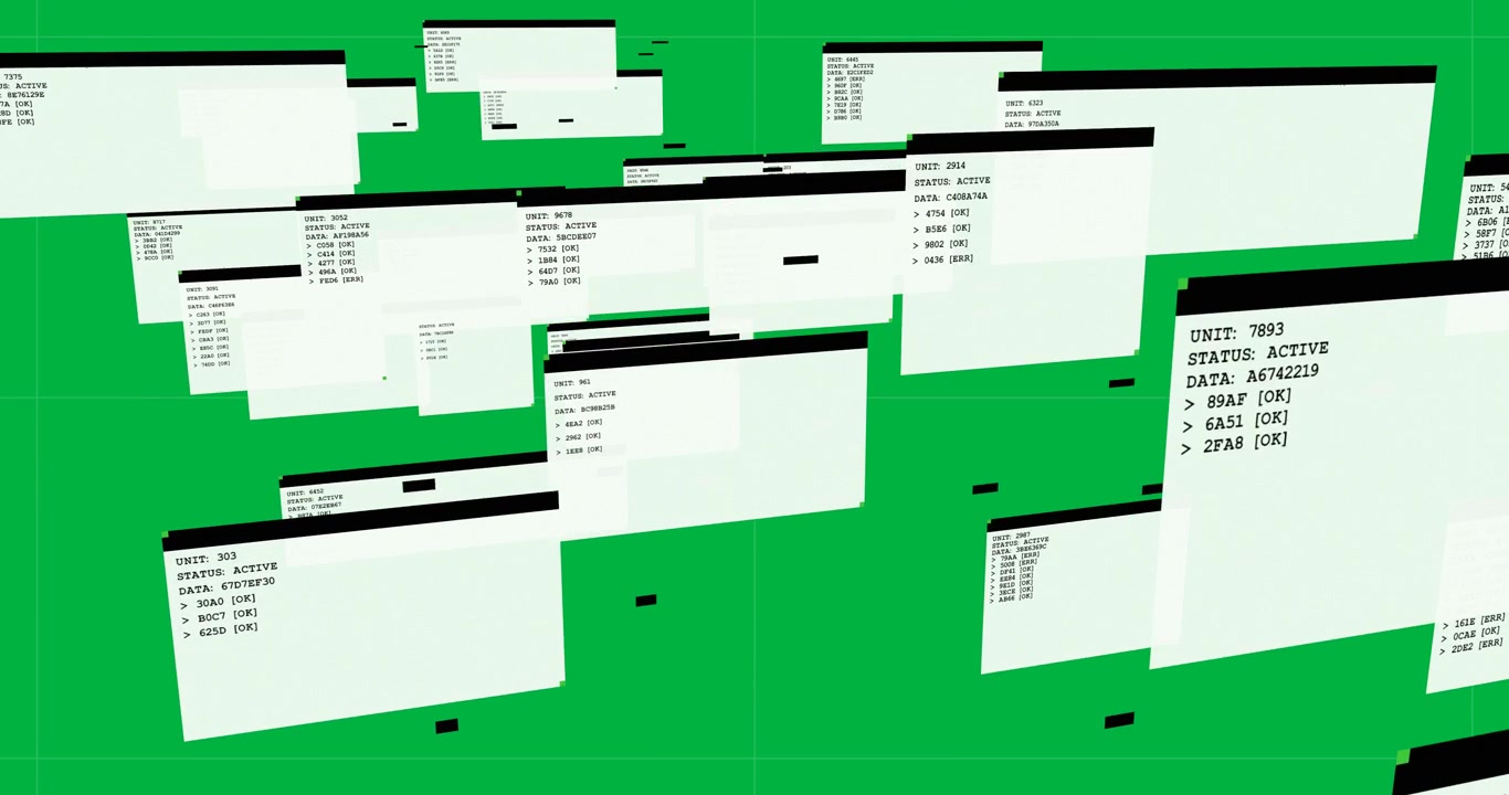 Finestre del terminale che entrano fuori schermo, fluttuando e formandosi, mostrando lo stato dell'unità su uno strato trasparente