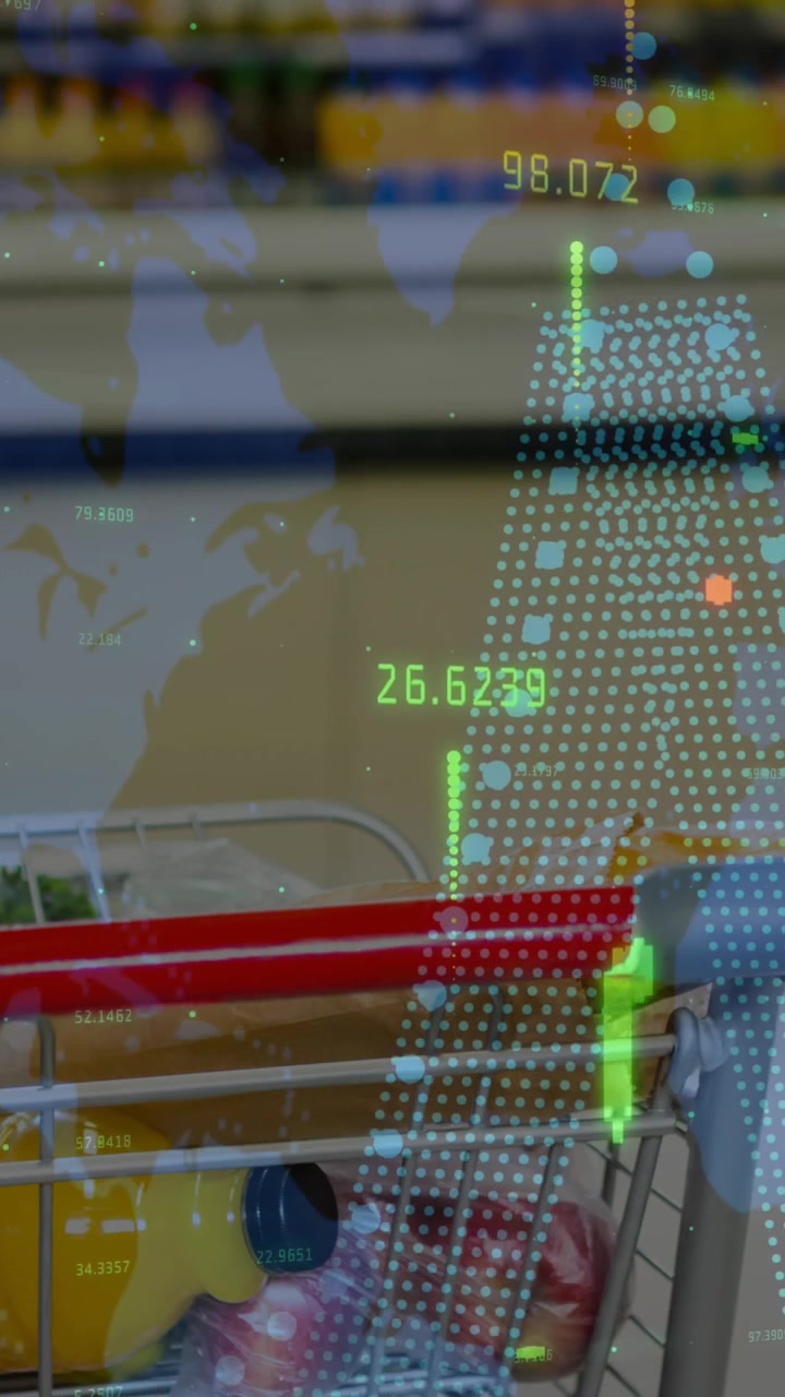 Animación de procesamiento de datos sobre un carro de compras en una tienda