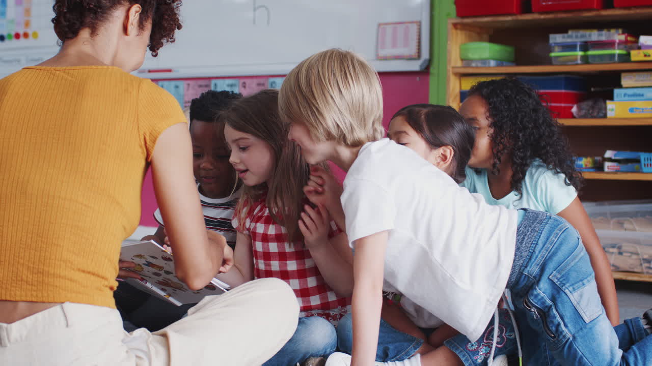 maestra leyendo un cuento a un grupo de alumnos de primaria en un aula escolar