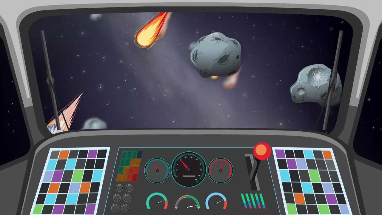 Vista animata dall'abitacolo di un'astronave che naviga tra asteroidi e comete infuocate che sfrecciano nello spazio profondo.