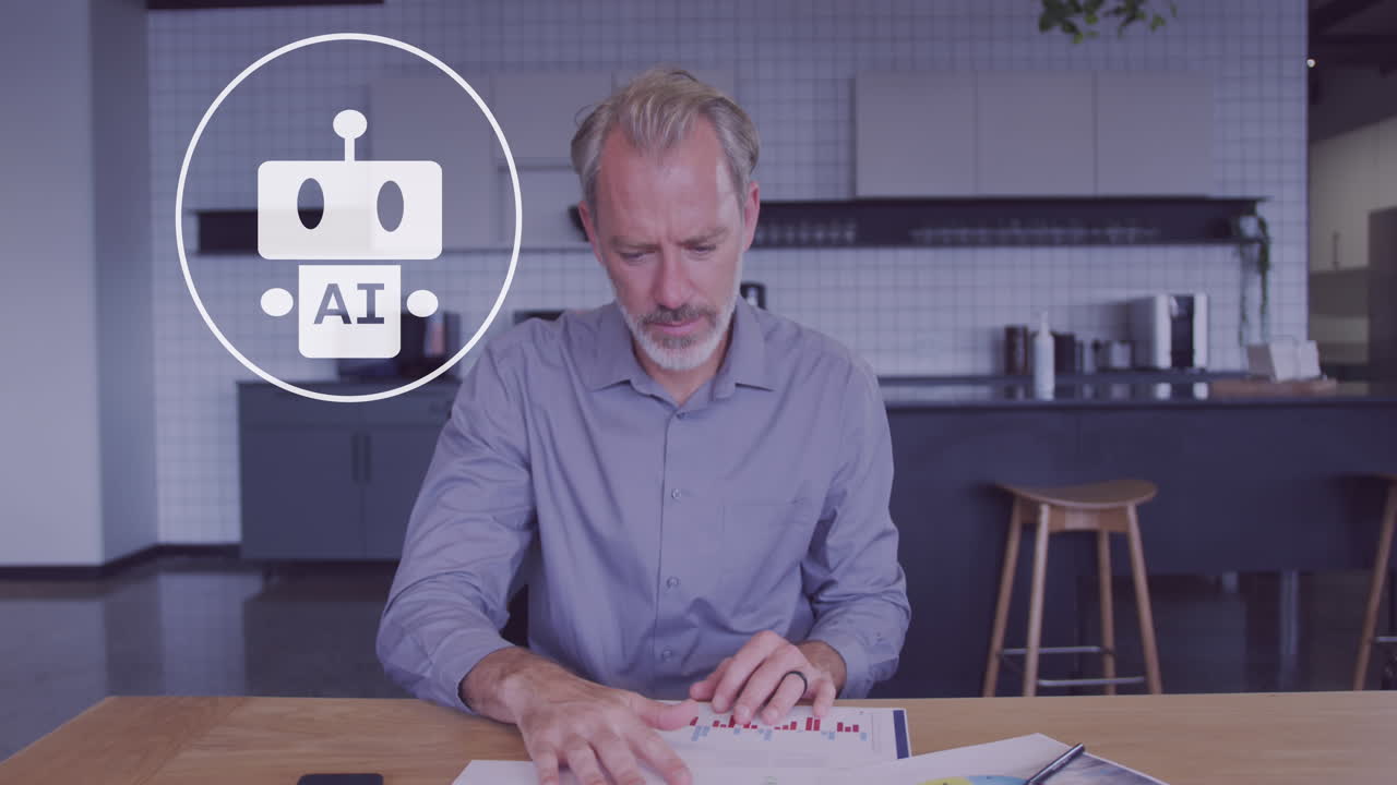 animación del icono de ai bot contra un hombre caucásico pensativo leyendo un documento en la oficina