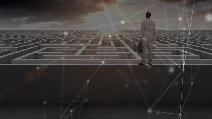 Animation of network of connections over caucasian businessman and maze