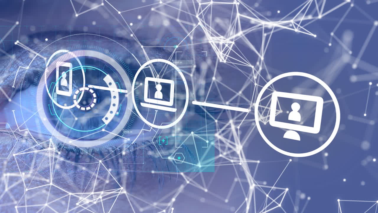 animación de tres iconos digitales sobre la red de conexión y el ojo de la mujer
