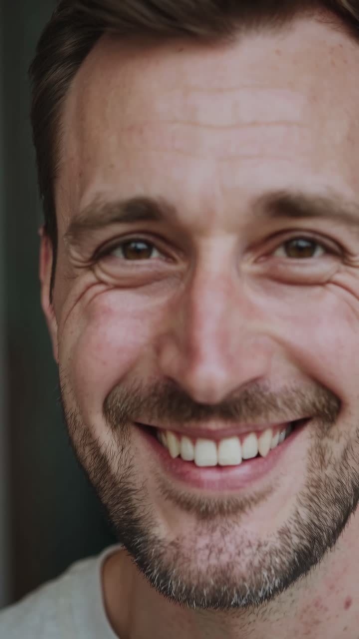 Close-up video frame of a smiling man, capturing genuine emotion