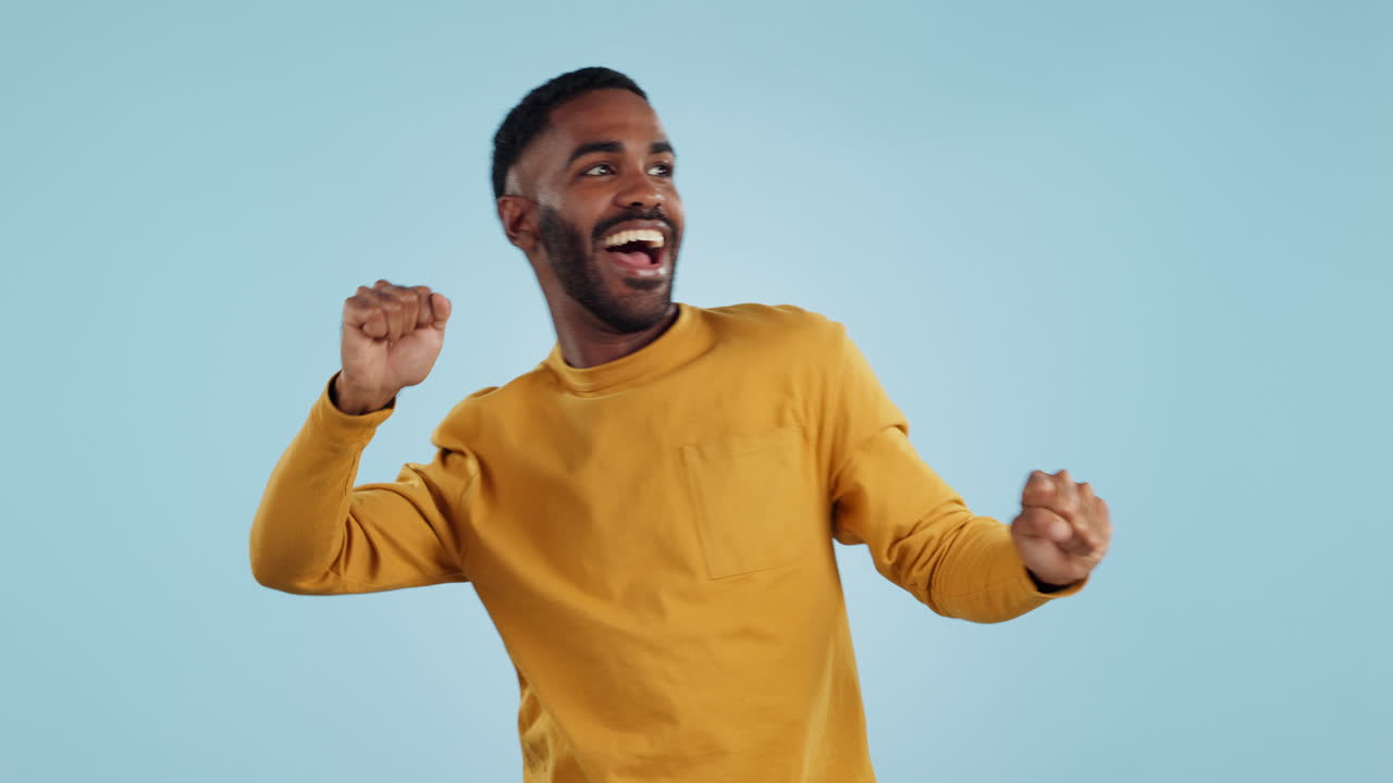 Dance, man and excited for party in studio to
