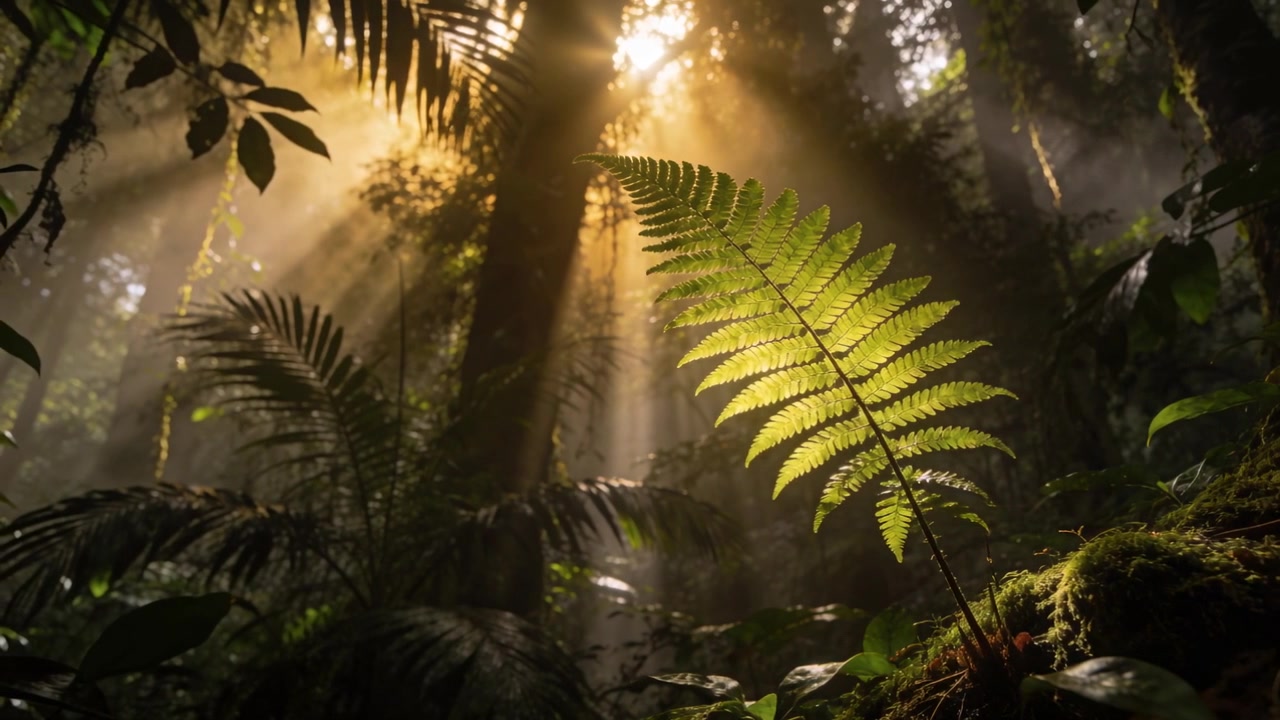 Raggi di sole che si spostano si intensificano dietro i tronchi, illuminando una fronda di felce retroilluminata sul muschioso suolo della foresta.