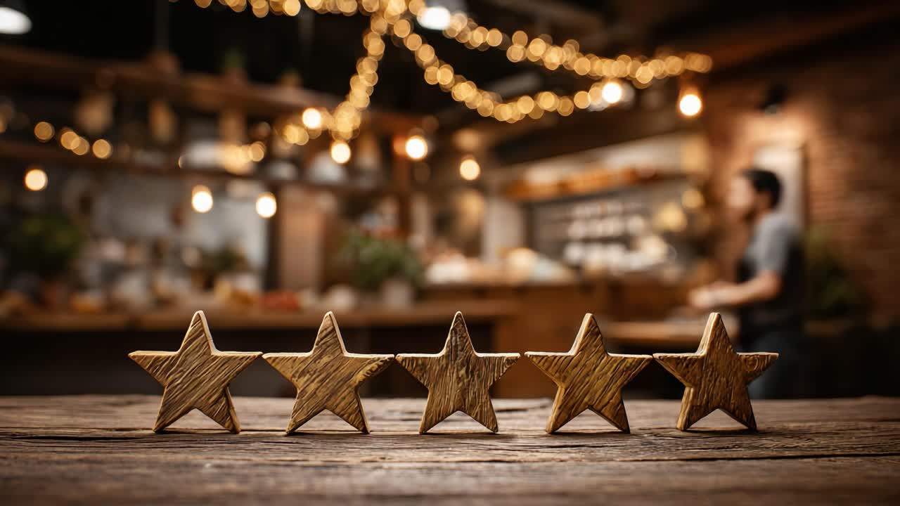 A Captivating Display of Five Wooden Stars Set Against a Cozy, Ambient Restaurant Background, Highlighting Ratings and Customer Satisfaction in a Unique Atmosphere