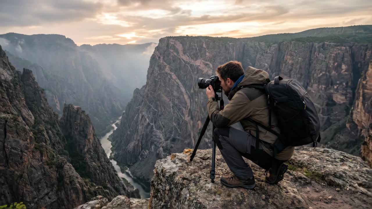 Photographer Capturing Scenic Canyon Landscape at Sunset