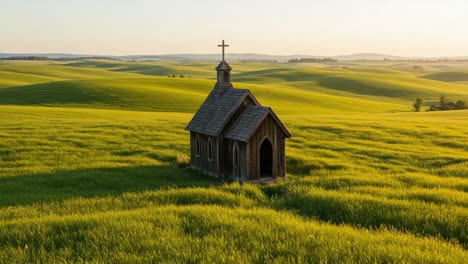 a serene wooden chapel nestled in lush green fields under a clear sky, surrounded by rolling hills, capturing the essence of tranquility and nature's beauty