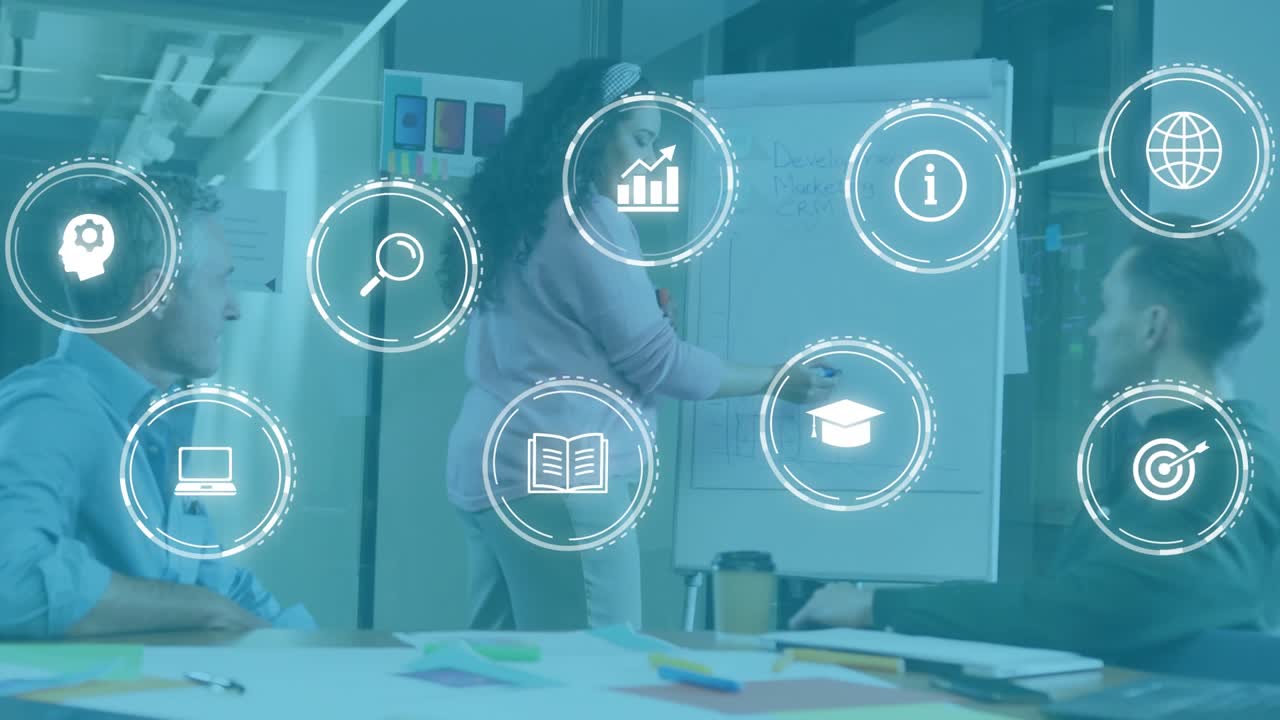 Mid adult woman drawing bar graph on flipchart causing concept icons to appear in business meeting