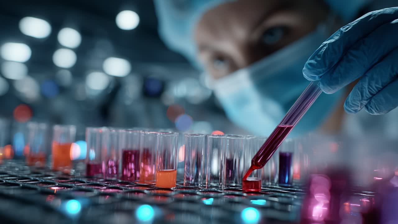 A Laboratory Technician Conducts Precise Experiments with Colorful Liquids in Test Tubes, Showcasing the Artistry and Precision of Scientific Research
