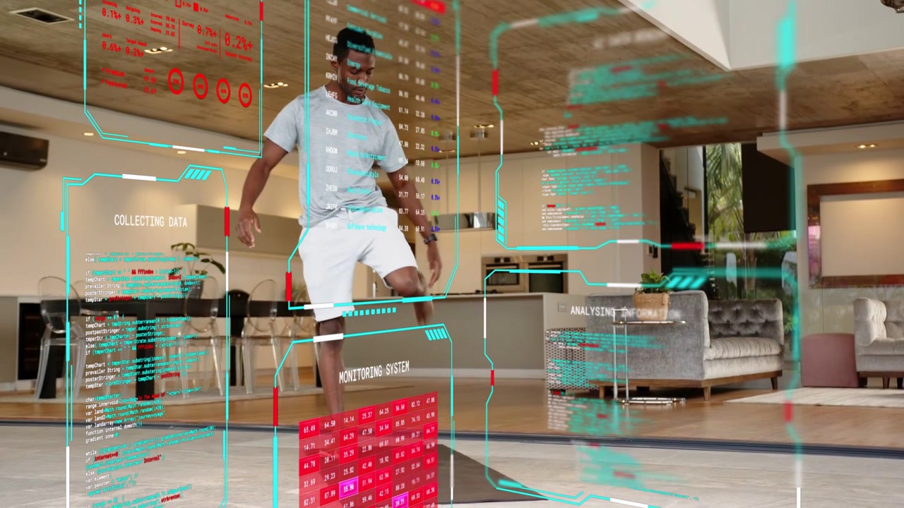 Man stepping on red floor panel and shifting weight, activating AR panels for fitness balance demo