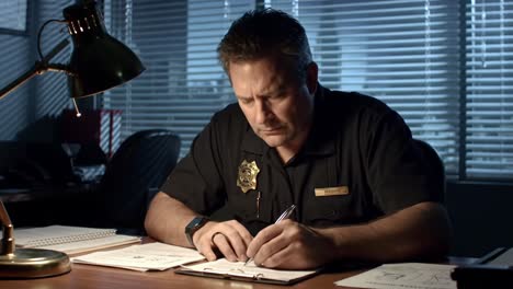 focused officer analyzing reports in dimly lit office environment, deep in thought while preparing important documentation for investigation progress