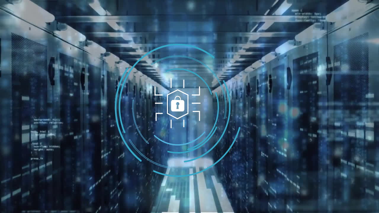 animación del icono del candado y procesamiento de datos digitales a través de servidores informáticos