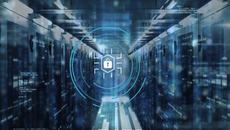 Animation of padlock icon and digital data processing over computer servers