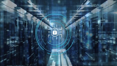 animation of padlock icon and digital data processing over computer servers