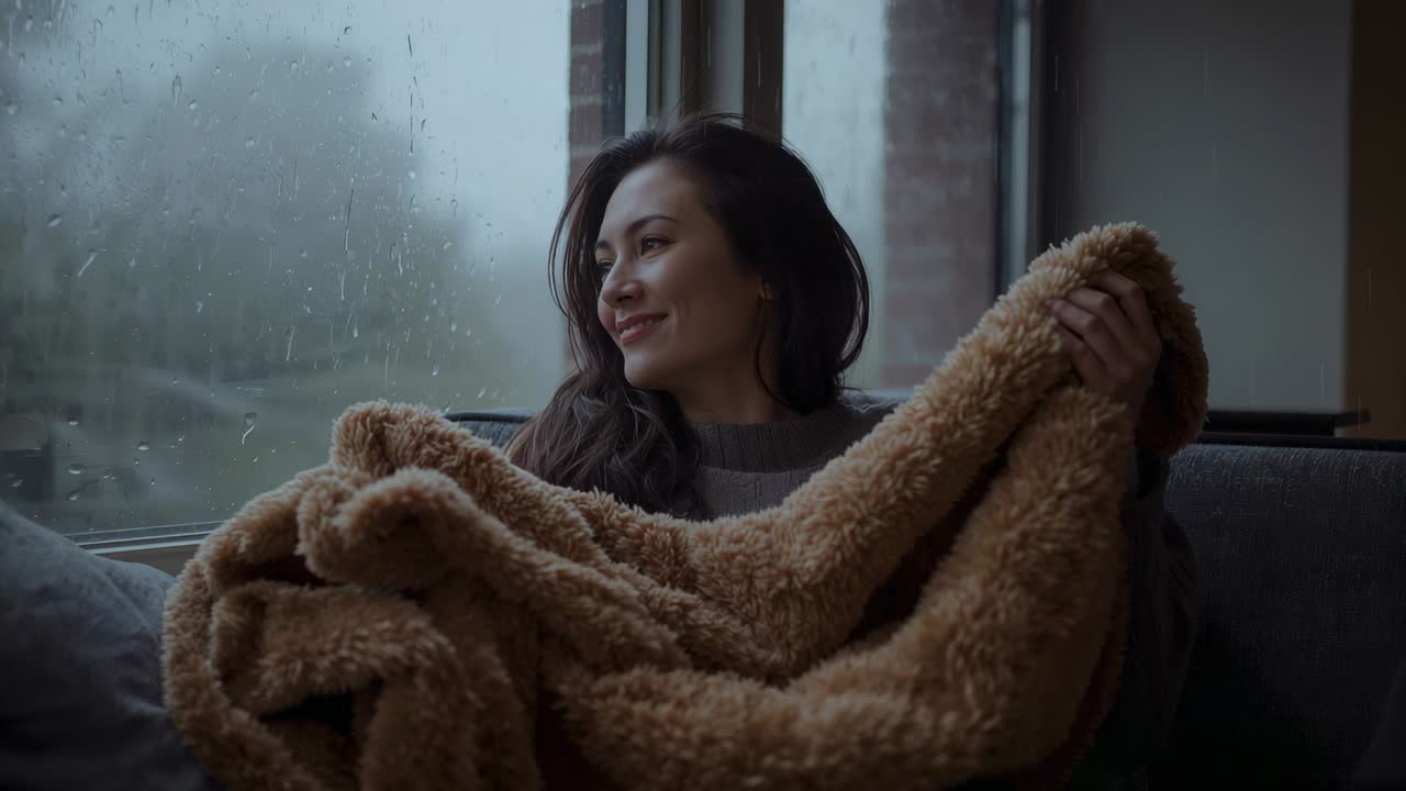 En kvinde i grå sweater og creoler trækker tæppet op, mens hun sidder på sofaen og ser regnen falde udenfor ved vinduet.