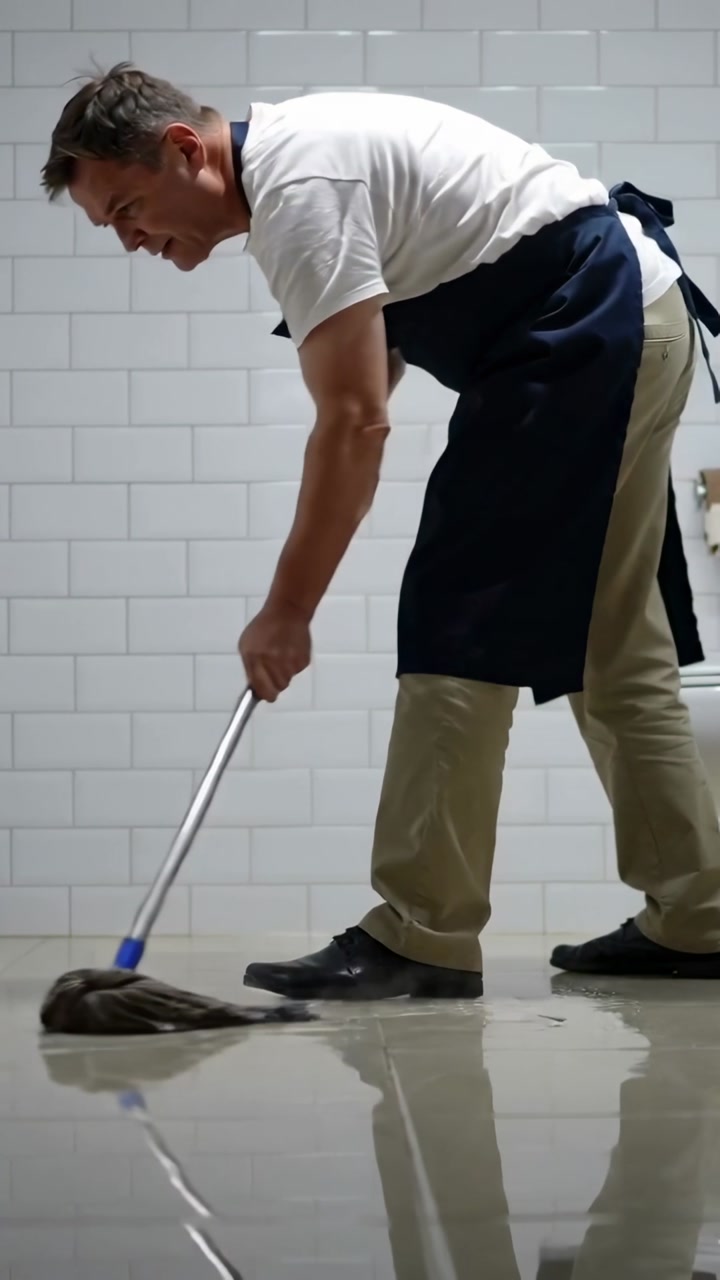 Vertical video: Starting shift, man in dark apron pushing mop and scrubbing glossy kitchen floor