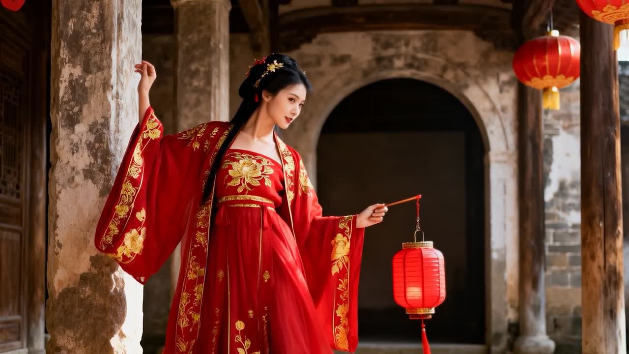 Donna in veste rossa decorata che esegue una danza lenta in un cortile, sollevando il braccio destro e tenendo una lanterna rossa