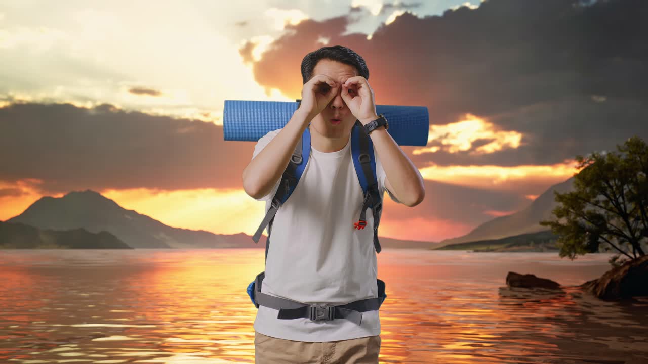 Asian Male Hiker With Mountaineering Backpack Making Binoculars Gesture Looking At Something Then Saying Wow At A Lake