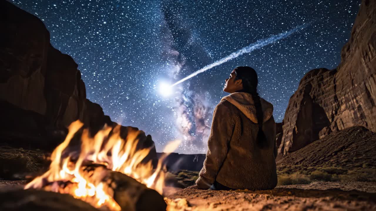 Woman Stargazing by Campfire under Comet Sky in Monument Valley