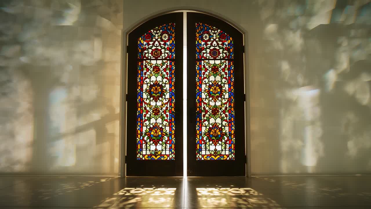 Streaming sunlight passing through stained glass door gap, scattering reflections across hall