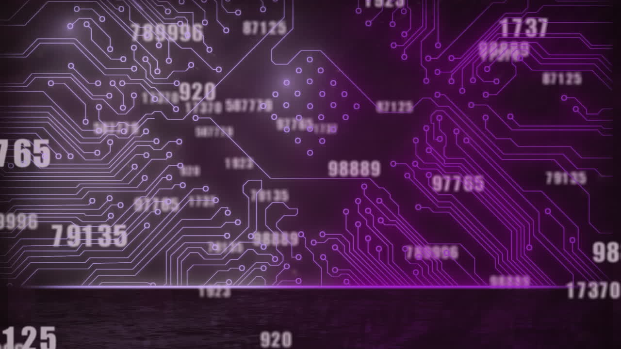 Multiple numbers changing against microprocessor connections on purple background