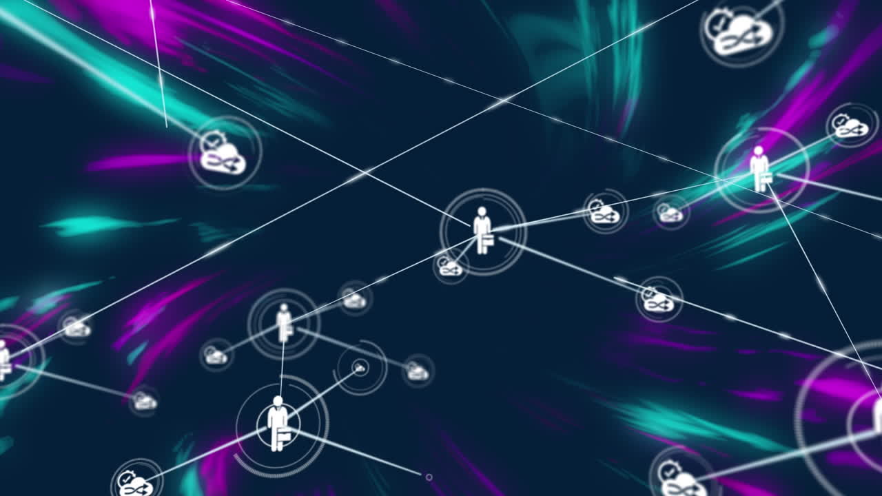 animación del perfil, iconos de nubes conectados con líneas sobre ondas multicolores en fondo azul.