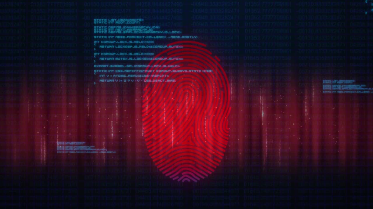 Animation of fingerprint and computer language over abstract pattern against black background
