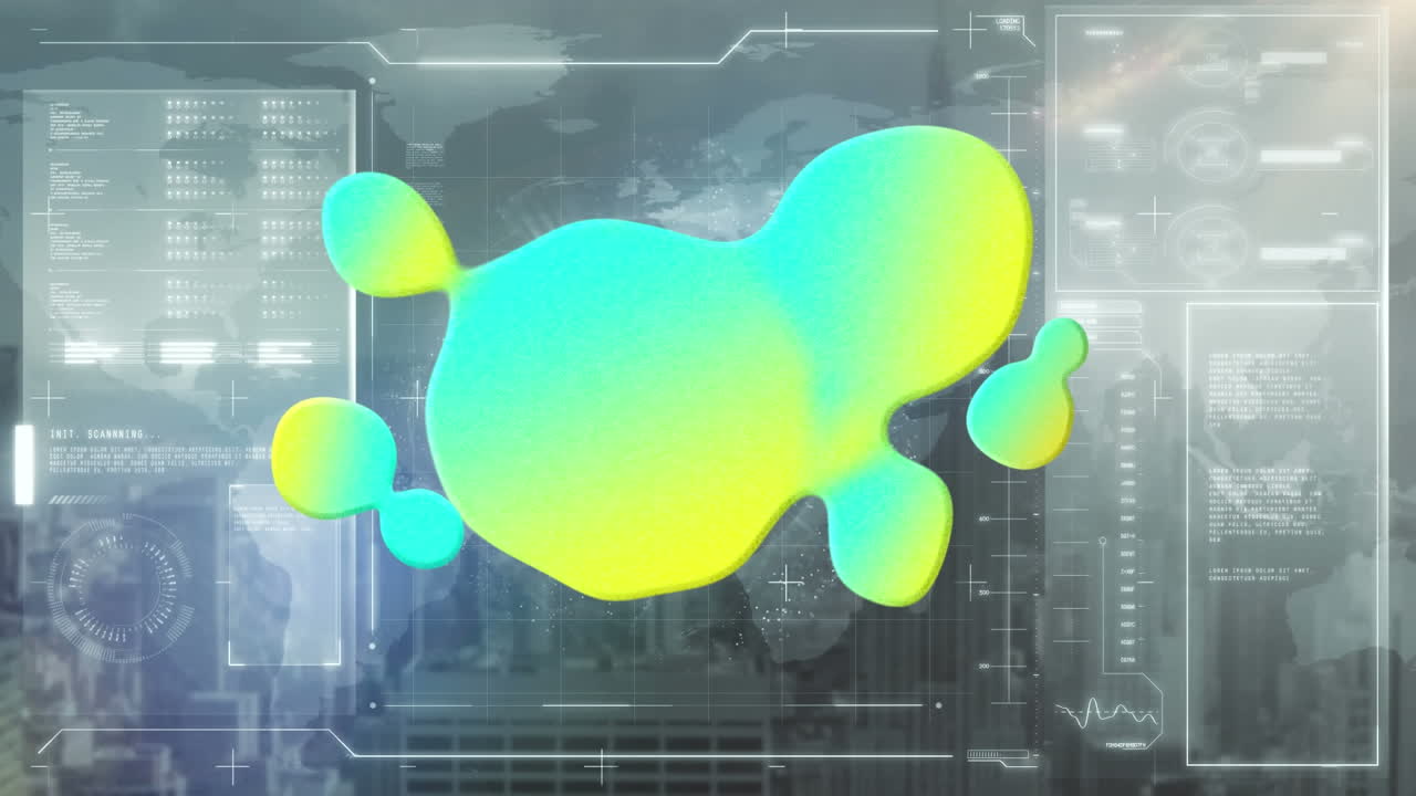 데이터 처리와 도시 풍경 위의 초록색 얼룩의 애니메이션