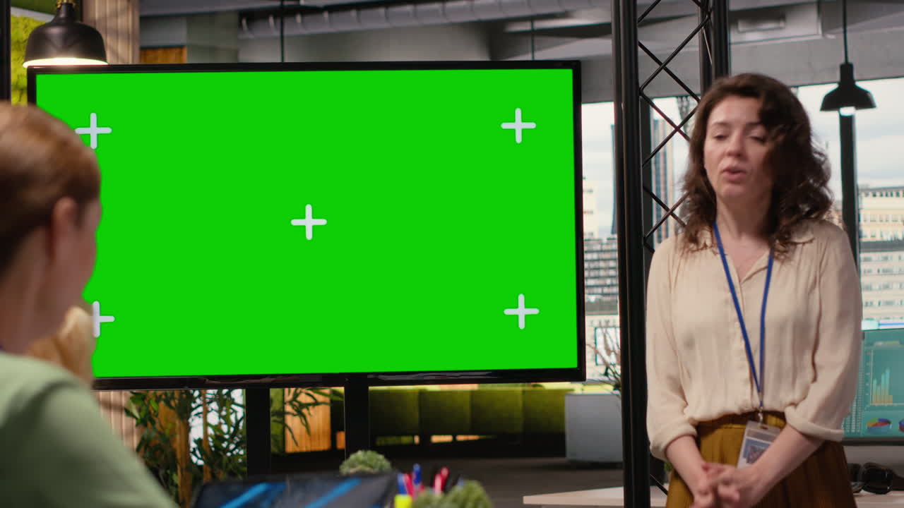 Professional business people leverages copy space display to share resources