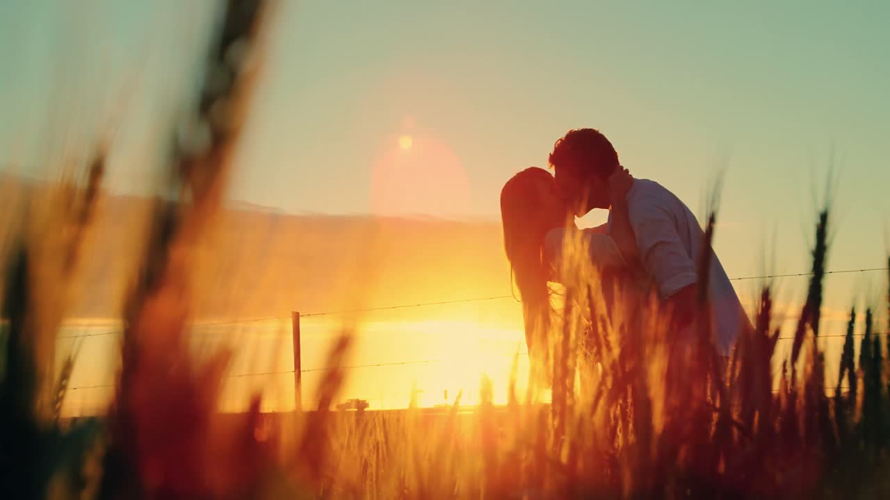 Affectionate couple kissing in field