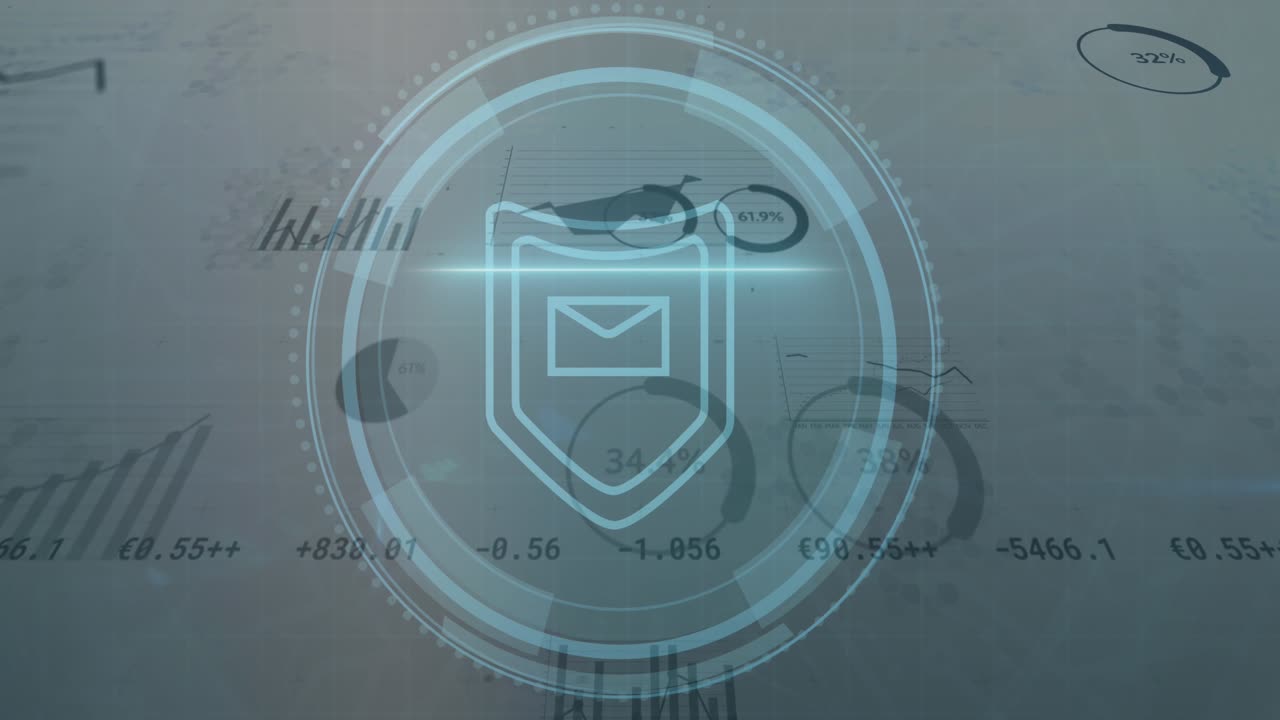 Animation of cyber security text, envelope, shield in loading circles over graphs and trading board