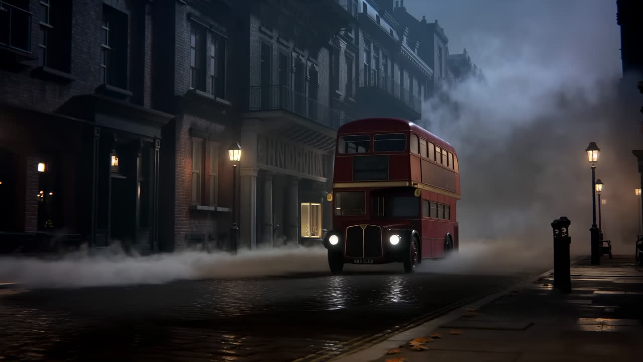 Foggy London Street At Night Red Double Decker Bus Rolls Through Steam And Wet Cobblestone Gas Lamps Cast Warm