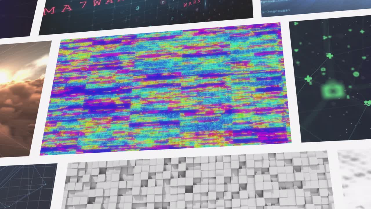 animación compuesta de múltiples pantallas de negocios, ocio y tecnología de desplazamiento